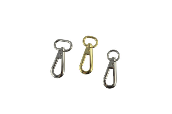 Taschenkarabiner / Schlüssel Karabiner  für eine Riemenbreite von 12mm, 15mm oder 20mm  Totale Länge ca.52 mm lieferbar in vernickelt und goldfarbig Passend zu kleinen Taschen, Schlüsselbänder usw.