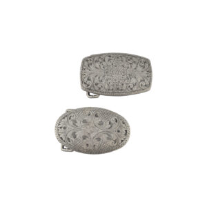 Gurtschnalle FIQ.797 für 35mm oder 40mm Riemenbreite. Das Modell mit einer Riemenbreite von 35mm unterscheidet sich in der Form und ist komplett Oval. Erhältlich in altsilber Gesamtgrösse ca. 72mm x 44mm